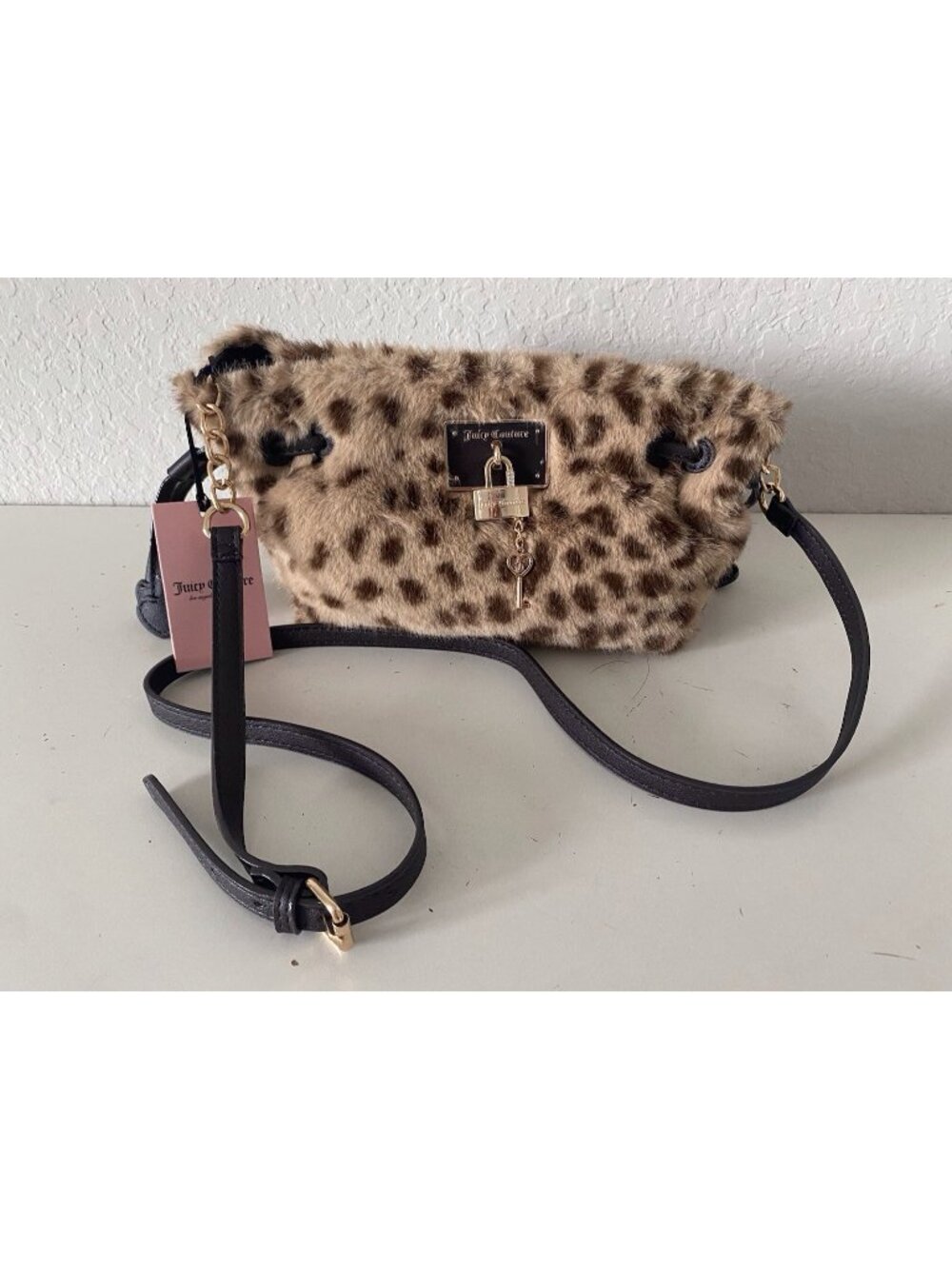 Juicy Couture Furry Fun Crossbody Bag Purse Natural Leopard Animal Print NEW